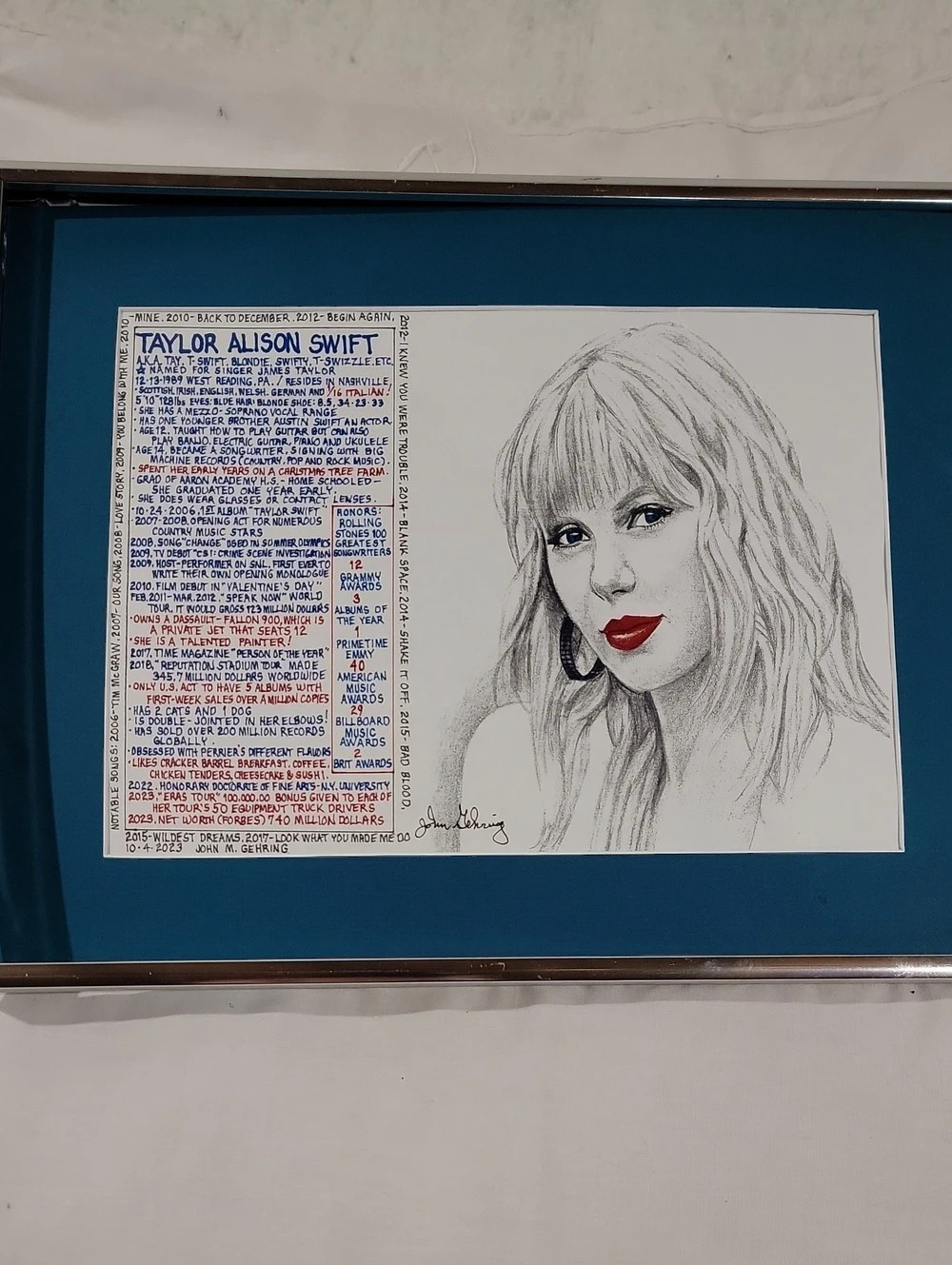 Taylor Swift Portrait Drawing Framed Art Print John Gehring